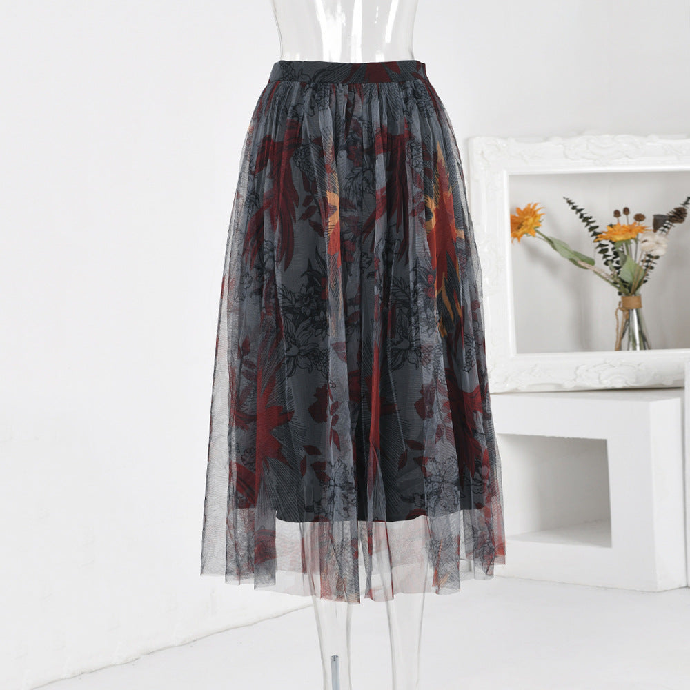 Irregular Pattern Printed Mesh High Waist Double Layer Tulle Lace Skirt