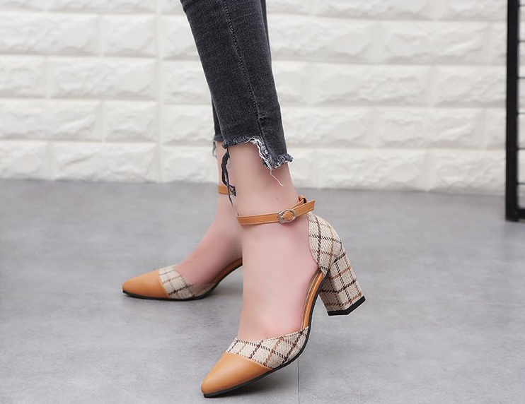 Thick heel high heels fashion color matching buckle shoes