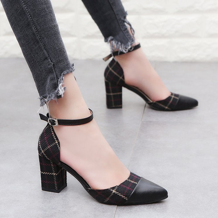 Thick heel high heels fashion color matching buckle shoes