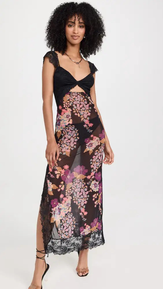 Summer Gentle Lace Shoulder Strap Stitching Slit Length Dress