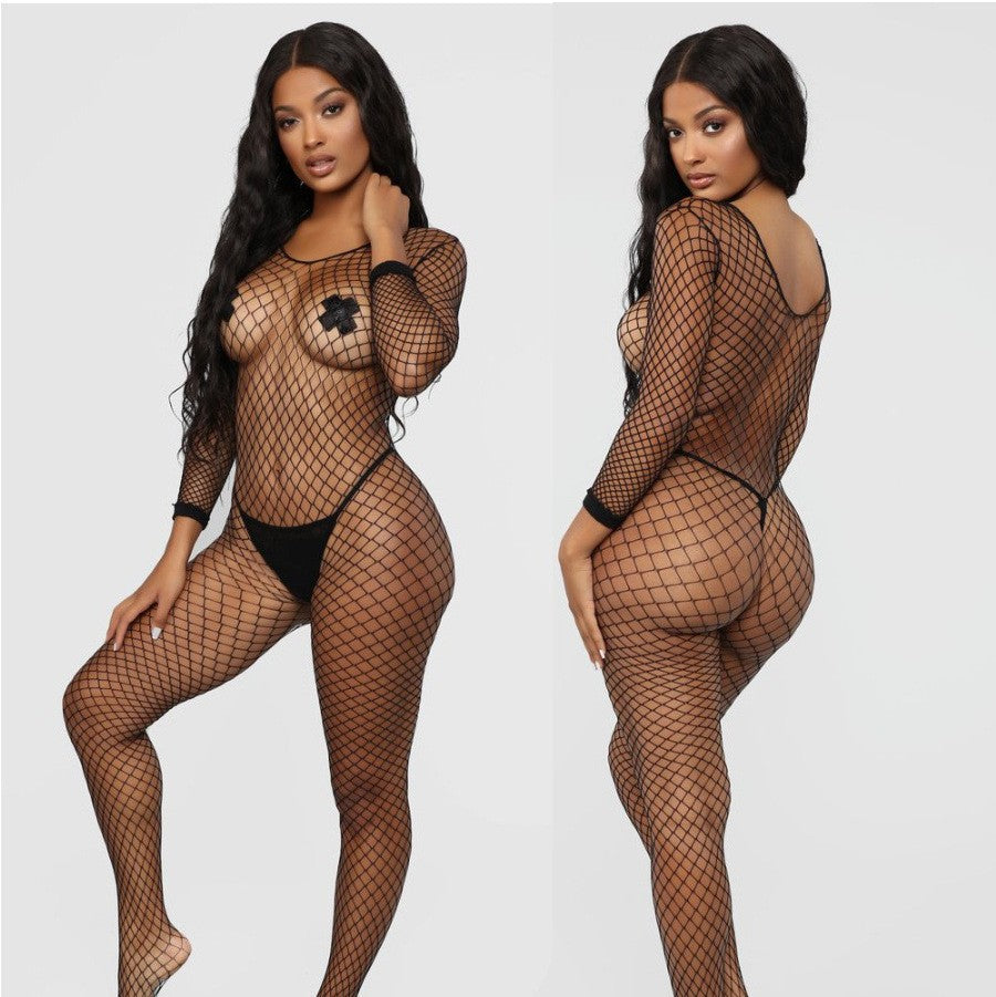 Women's Free Off-crotch Mesh Bodysuit Women's Mid-length Long-sleeved Mesh