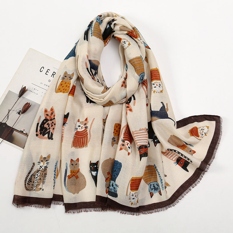 Autumn And Winter Polyester Long Scarf Female Cartoon Cat