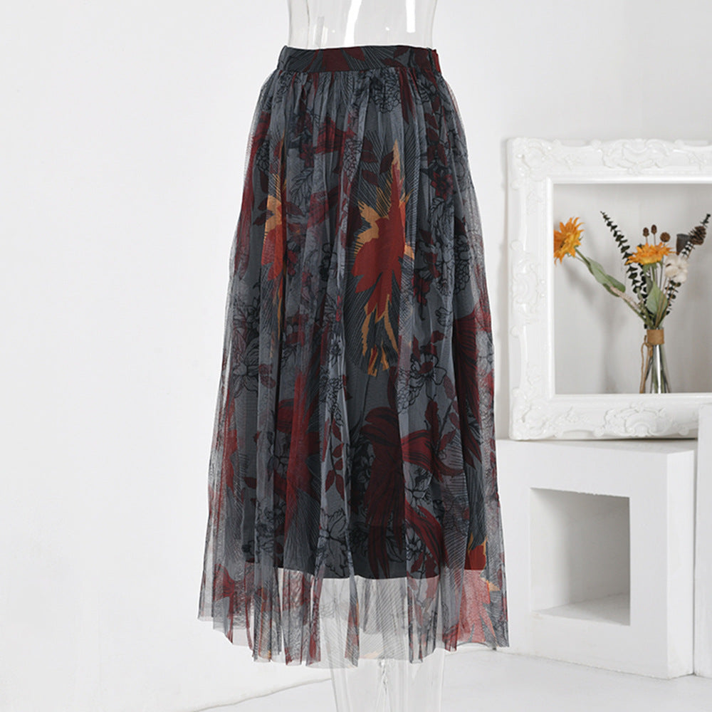 Irregular Pattern Printed Mesh High Waist Double Layer Tulle Lace Skirt