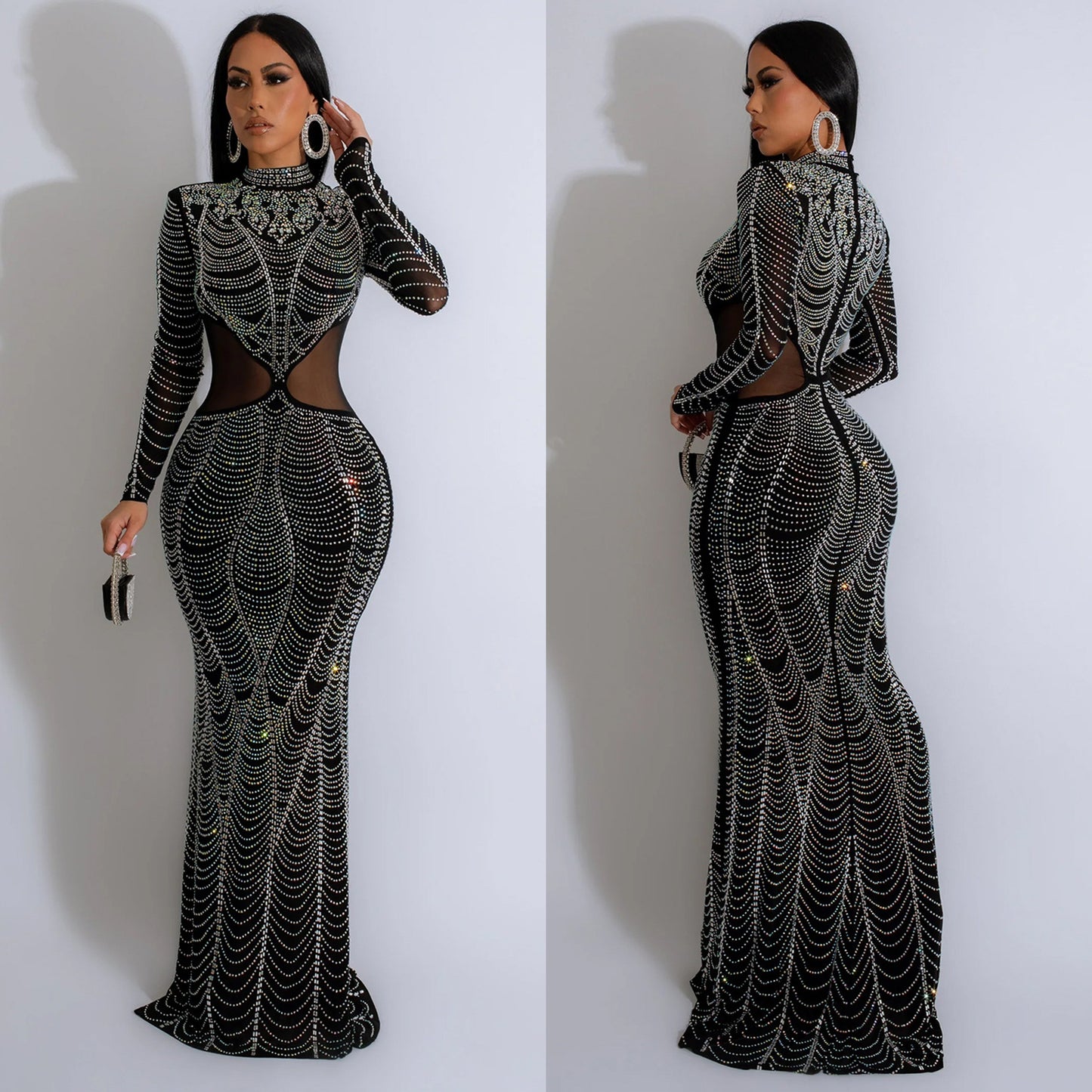 Women's Wear Pure Color Mesh Hot Drilling Dress