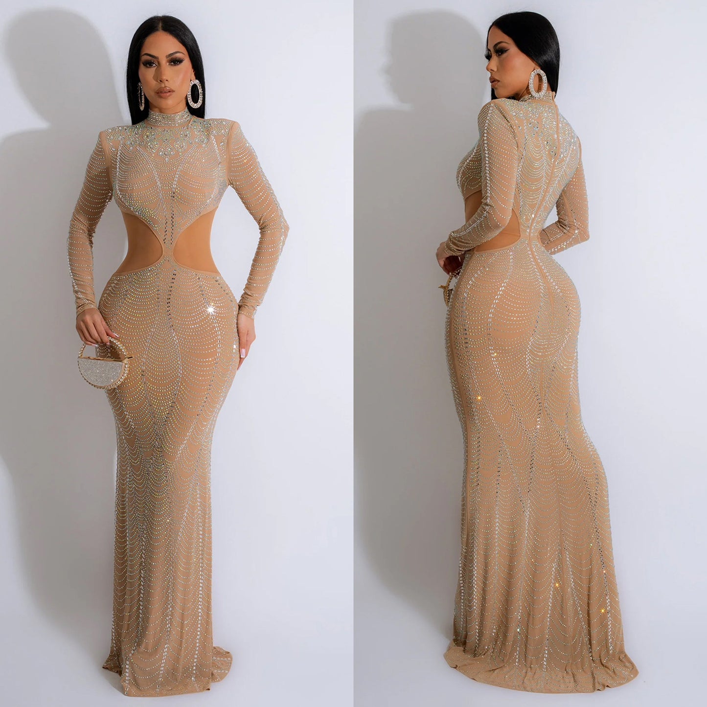 Women's Wear Pure Color Mesh Hot Drilling Dress