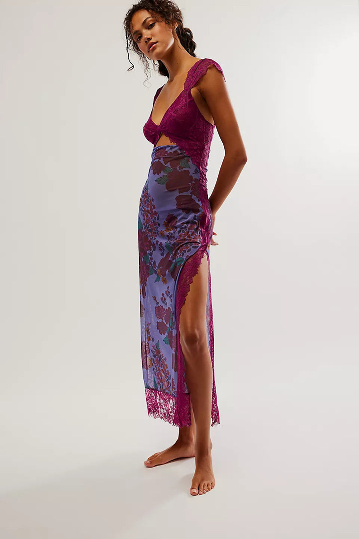 Summer Gentle Lace Shoulder Strap Stitching Slit Length Dress