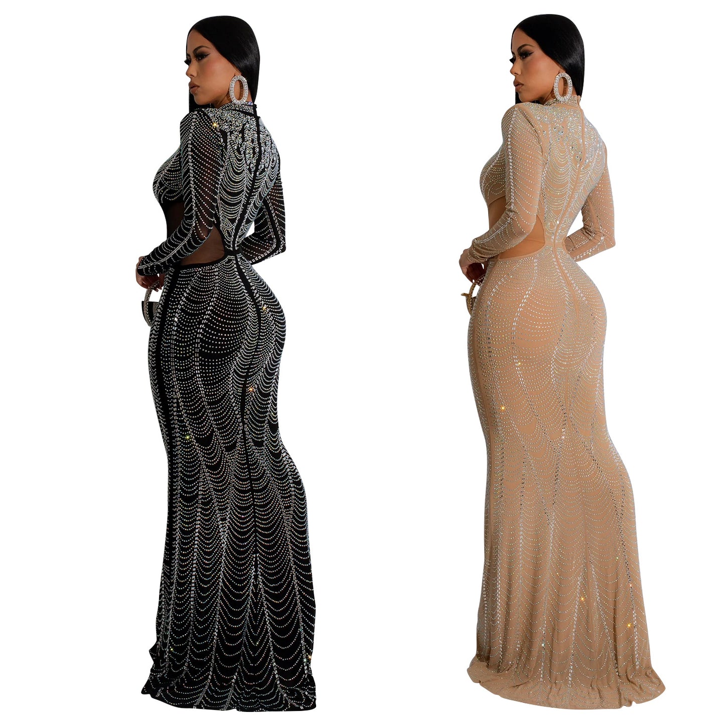Women's Wear Pure Color Mesh Hot Drilling Dress