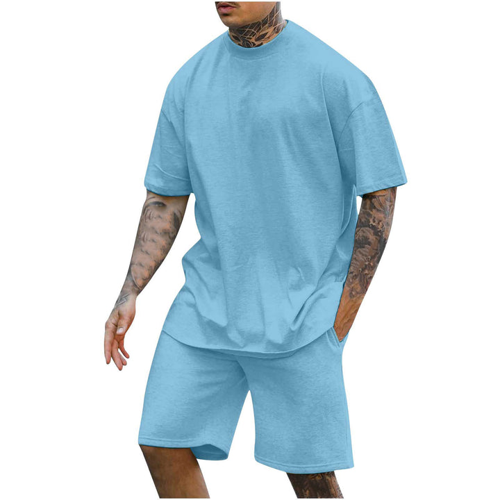 New Men's Round Neck Drop Shoulder Short Sleeve T-shirt Top Shorts Two-piece Set
