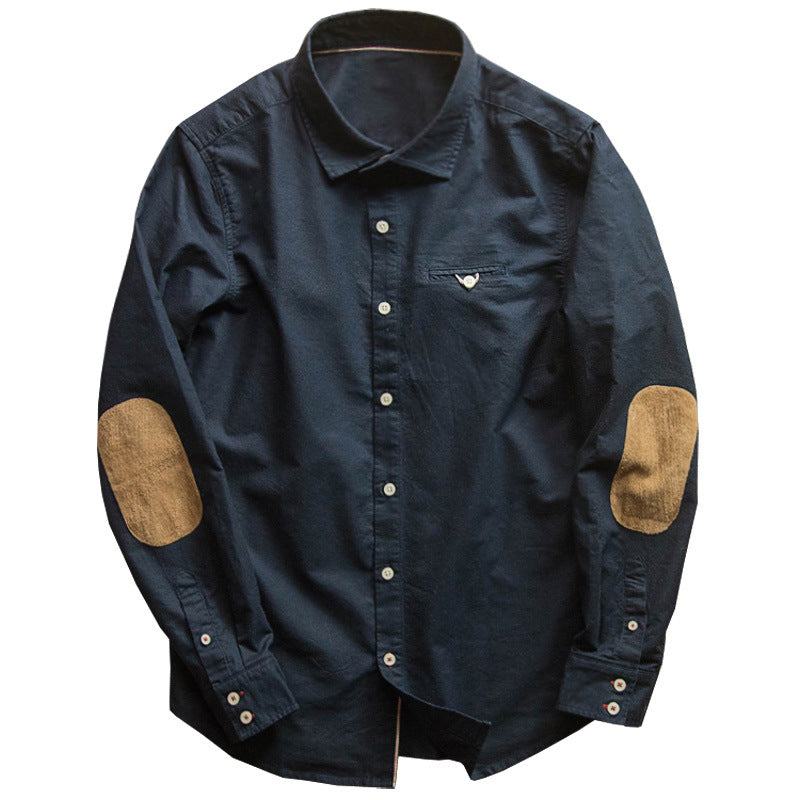 Long Sleeve Retro Men's Shirt Stitching Suede Patch Slim Shirt Men