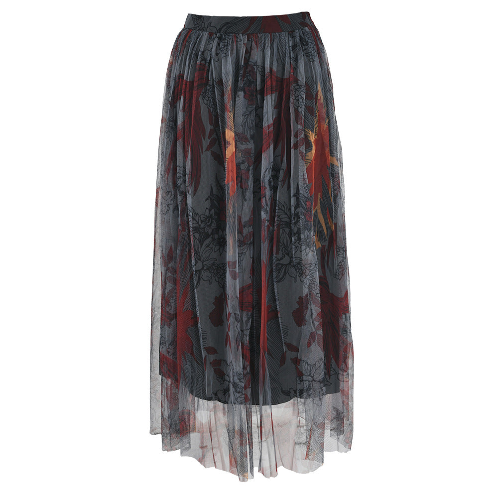 Irregular Pattern Printed Mesh High Waist Double Layer Tulle Lace Skirt