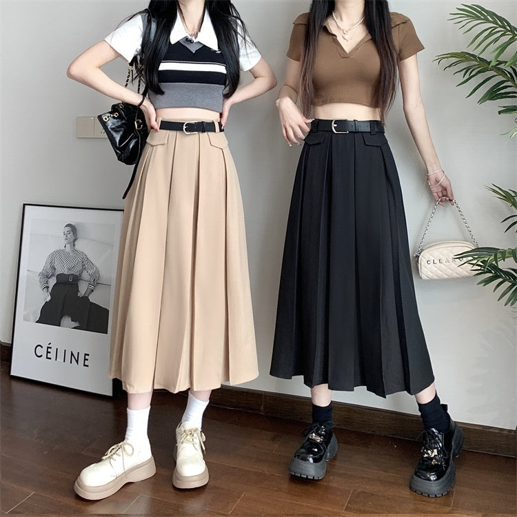 Gray Suit Pleated Skirt Women's Summer New High Waist Slimming Large Hem