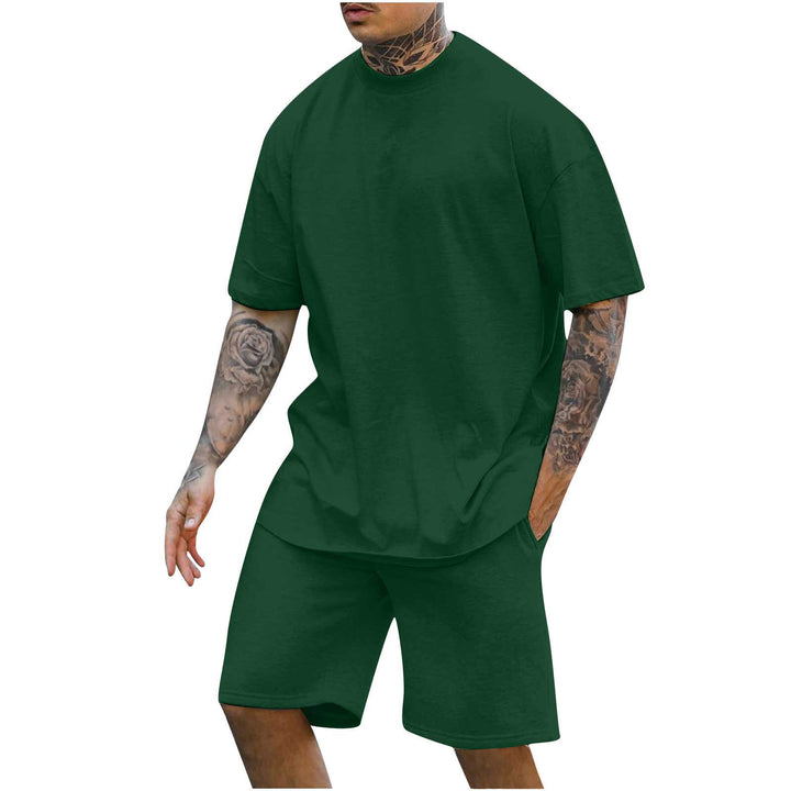 New Men's Round Neck Drop Shoulder Short Sleeve T-shirt Top Shorts Two-piece Set