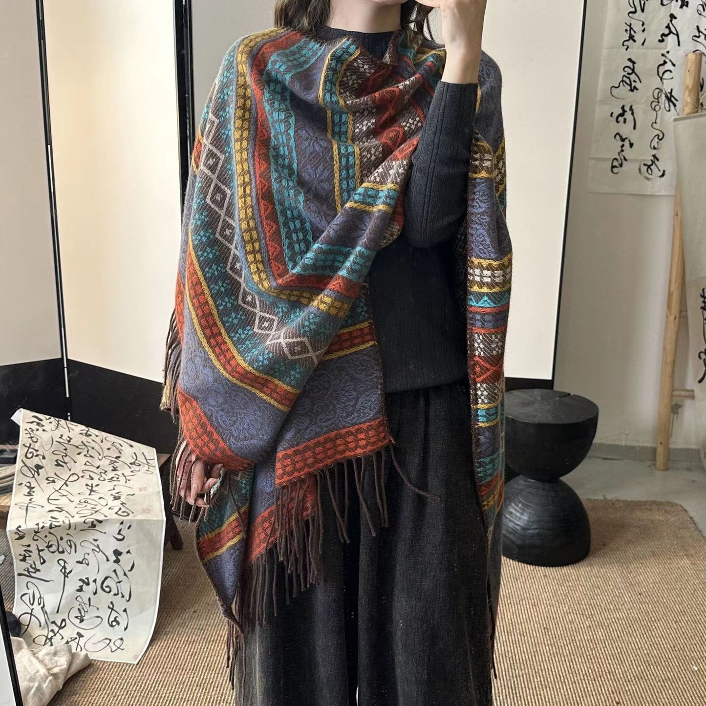 Women's Printed Ethnic Style Shawl Outer Match Cloak