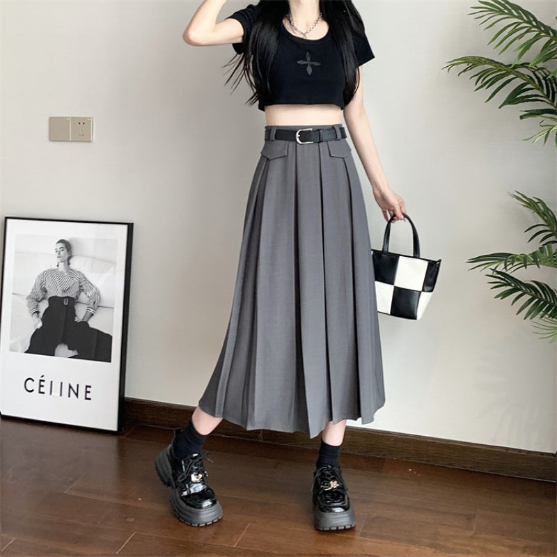 Gray Suit Pleated Skirt Women's Summer New High Waist Slimming Large Hem