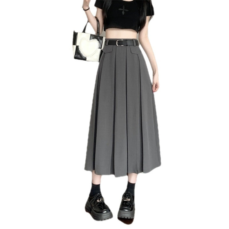 Gray Suit Pleated Skirt Women's Summer New High Waist Slimming Large Hem