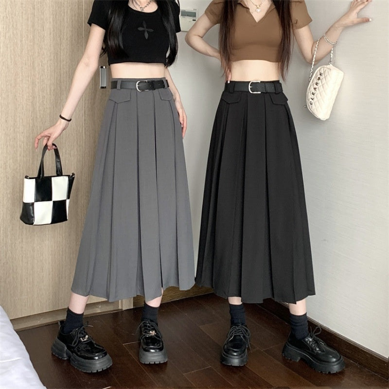 Gray Suit Pleated Skirt Women's Summer New High Waist Slimming Large Hem