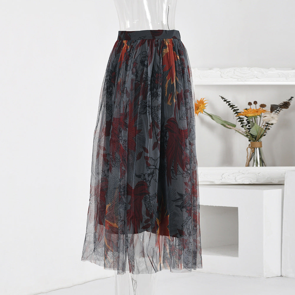 Irregular Pattern Printed Mesh High Waist Double Layer Tulle Lace Skirt