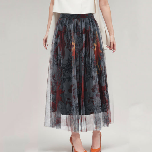 Irregular Pattern Printed Mesh High Waist Double Layer Tulle Lace Skirt