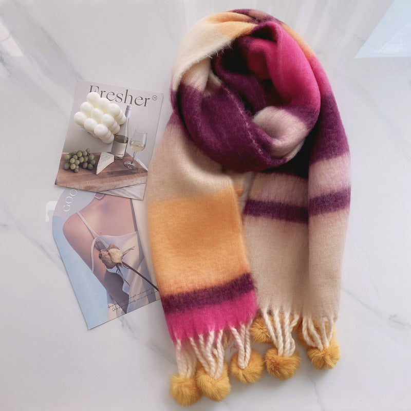 Dopamine Rainbow Striped Rabbit Hair Ball Scarf For Women