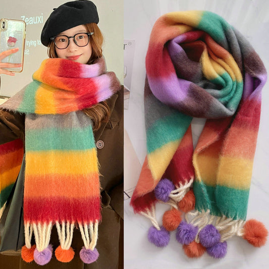 Dopamine Rainbow Striped Rabbit Hair Ball Scarf For Women