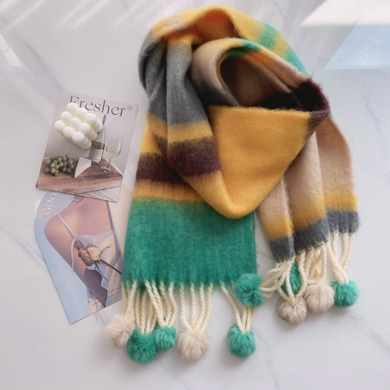 Dopamine Rainbow Striped Rabbit Hair Ball Scarf For Women