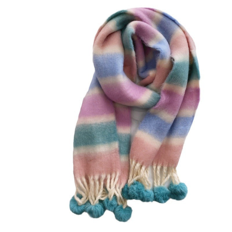 Dopamine Rainbow Striped Rabbit Hair Ball Scarf For Women