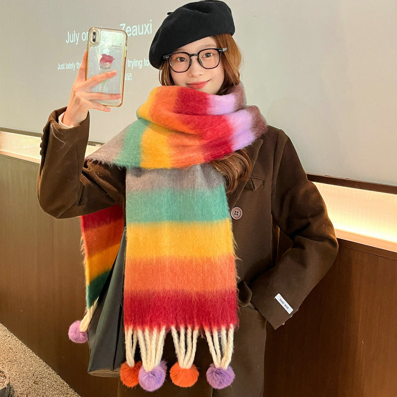 Dopamine Rainbow Striped Rabbit Hair Ball Scarf For Women