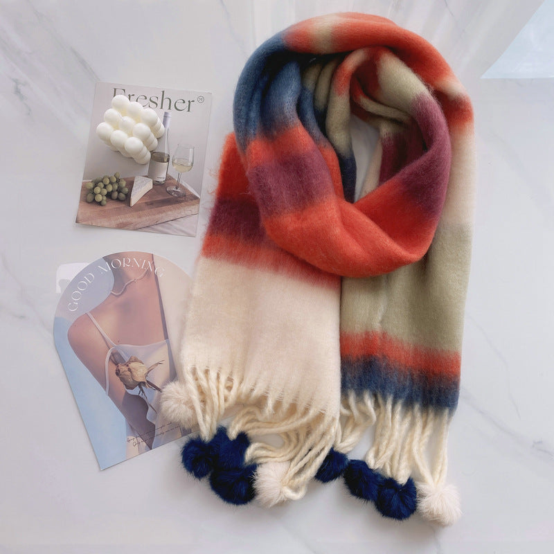 Dopamine Rainbow Striped Rabbit Hair Ball Scarf For Women