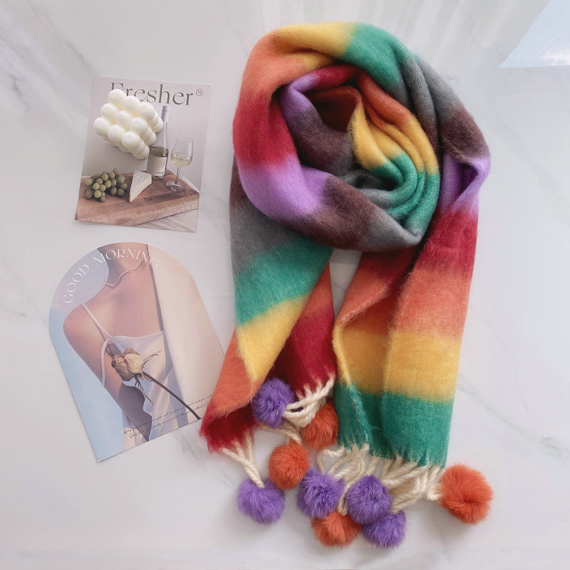 Dopamine Rainbow Striped Rabbit Hair Ball Scarf For Women