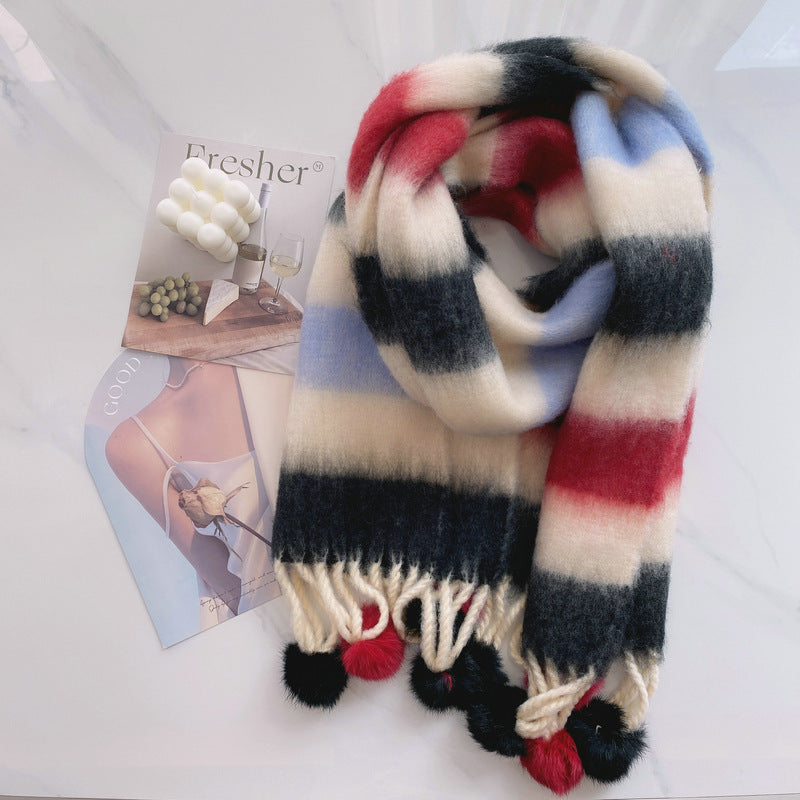 Dopamine Rainbow Striped Rabbit Hair Ball Scarf For Women