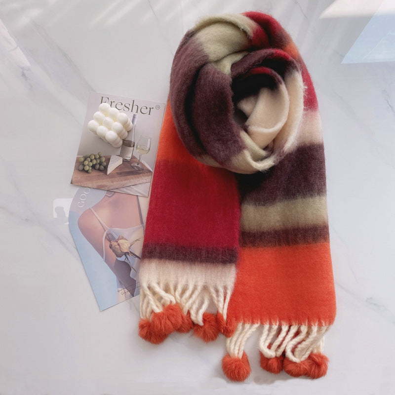 Dopamine Rainbow Striped Rabbit Hair Ball Scarf For Women