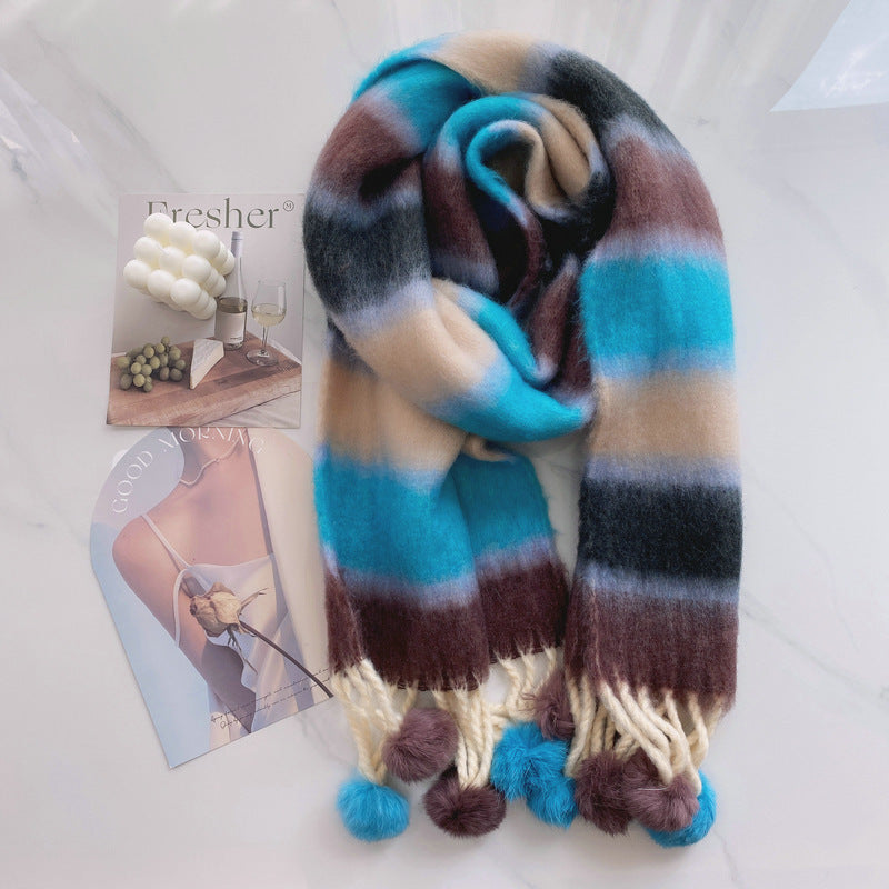 Dopamine Rainbow Striped Rabbit Hair Ball Scarf For Women