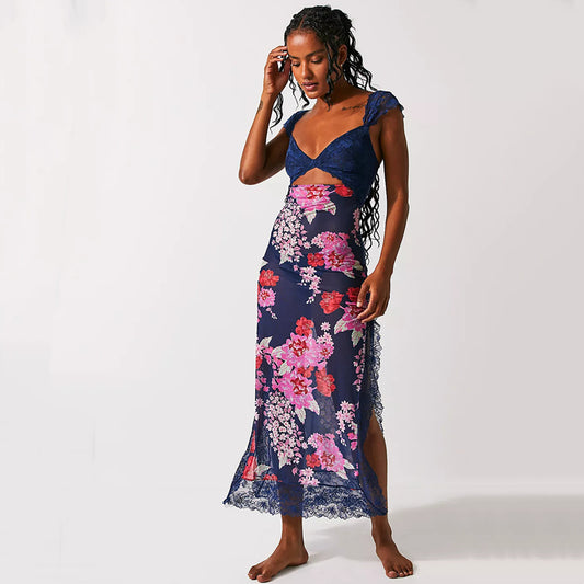 Summer Gentle Lace Shoulder Strap Stitching Slit Length Dress