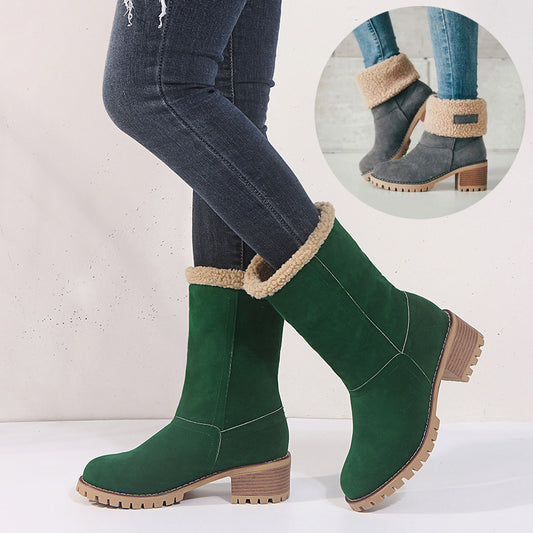 Suede Ankle Boots Adjustable Foldable Mid-Calf Boot Winter Flock Square Heels Shoes Fashion Plush Warm Platform Non-Slip Shoes